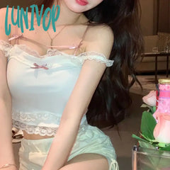 Lunivop Kawaii Lace Tank Top Women Summer Fairycore Japanese Cute Lolita Bow White Crop Sexy