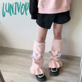 Lunivop Kawaii Pink Love Heart Fur Leg Warmers Winter Y2K Sweet Covers Rabbit Bow Plush Warm