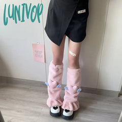 Lunivop Kawaii Pink Love Heart Fur Leg Warmers Winter Y2K Sweet Covers Rabbit Bow Plush Warm