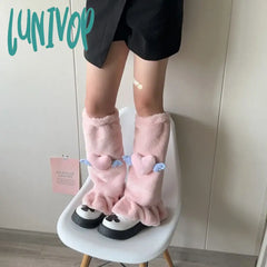 Lunivop Kawaii Pink Love Heart Fur Leg Warmers Winter Y2K Sweet Covers Rabbit Bow Plush Warm