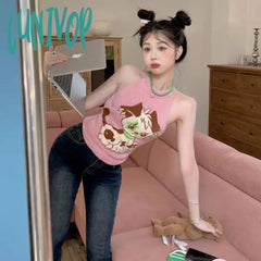 Lunivop Kawaii Puppy Embroidery Tank Top Summer Vintage Sleeveless Knitting Halter Japanese