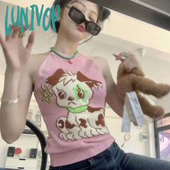 Lunivop Kawaii Puppy Embroidery Tank Top Summer Vintage Sleeveless Knitting Halter Japanese