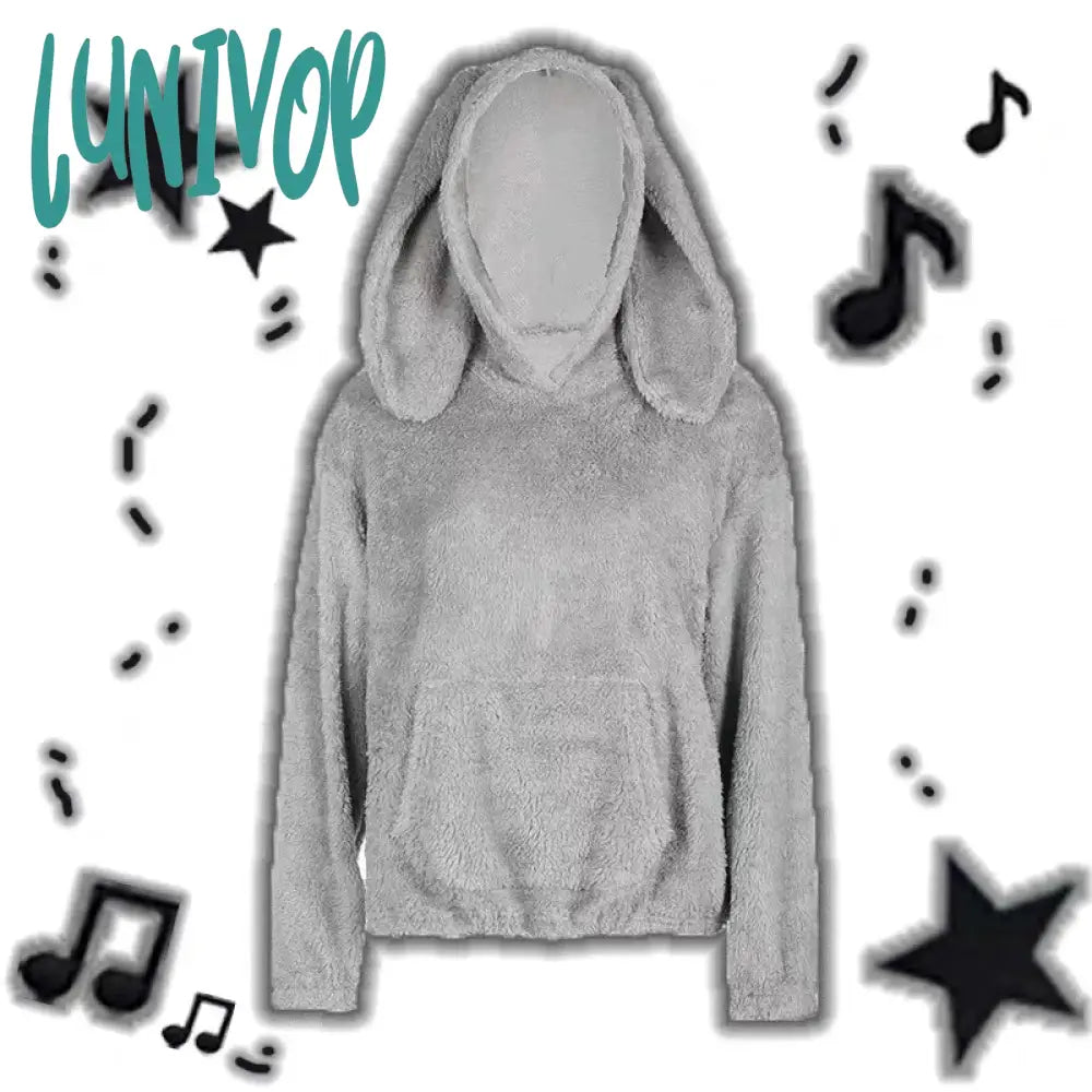 Lunivop Kawaii Rabbit Ears Hoodies For Women Winter Fleece Warm Loose Hooded Harajuku Y2K Casual