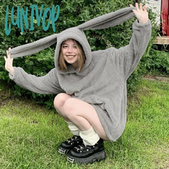 Lunivop Kawaii Rabbit Ears Hoodies For Women Winter Fleece Warm Loose Hooded Harajuku Y2K Casual