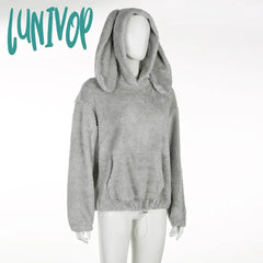 Lunivop Kawaii Rabbit Ears Hoodies For Women Winter Fleece Warm Loose Hooded Harajuku Y2K Casual
