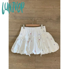 Lunivop Kawaii White Floral Mini Skirts Women Y2K Japanese Bow Ball Gown Skirt Summer Harajuku Cute