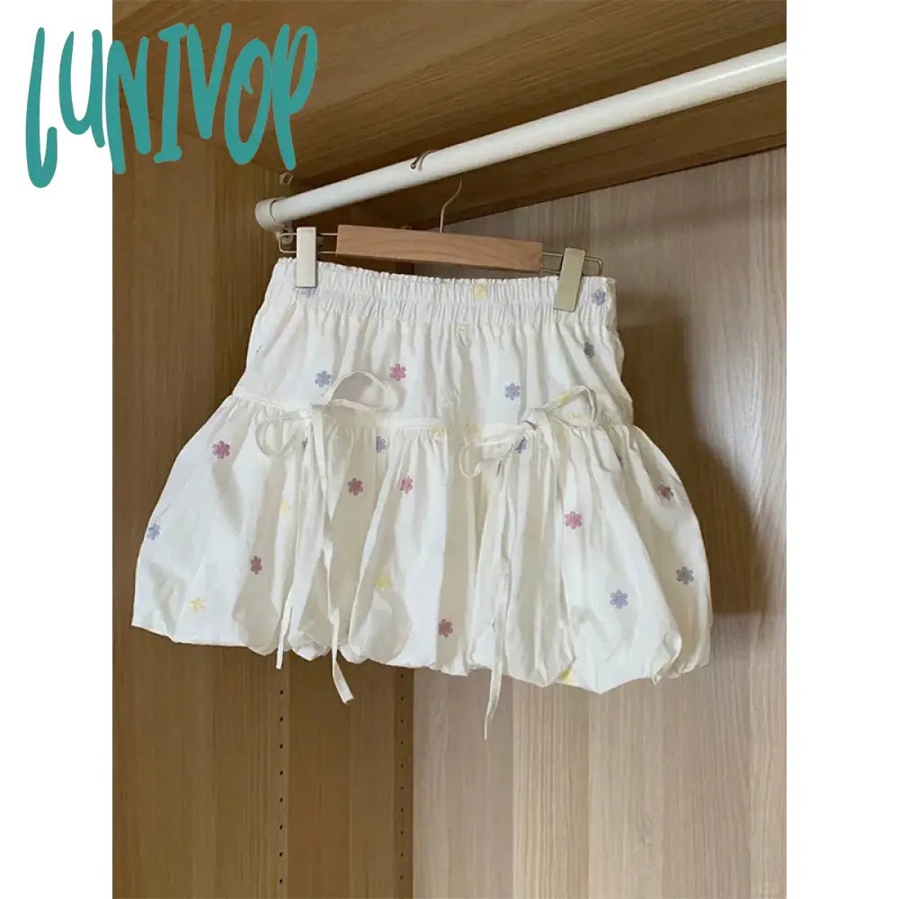 Lunivop Kawaii White Floral Mini Skirts Women Y2K Japanese Bow Ball Gown Skirt Summer Harajuku Cute