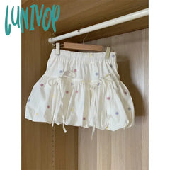 Lunivop Kawaii White Floral Mini Skirts Women Y2K Japanese Bow Ball Gown Skirt Summer Harajuku Cute