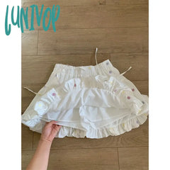 Lunivop Kawaii White Floral Mini Skirts Women Y2K Japanese Bow Ball Gown Skirt Summer Harajuku Cute