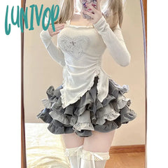 Lunivop Kawaii Y2K Women 2 Pieces Sets Sweet Sexy Slim Shirts Gothic Long Sleeve Tops Mini Tutu