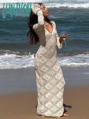 Lunivop Knit Hook Flower Hollow Deep V Sweater Dress Beachwear Holiday Outfits For Women Elegant