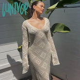 Lunivop Knit Hook Flower Hollow Deep V Sweater Dress Beachwear Holiday Outfits For Women Elegant