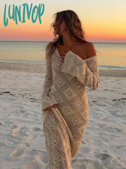 Lunivop Knit Hook Flower Hollow Deep V Sweater Dress Beachwear Holiday Outfits For Women Elegant