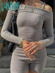 Lunivop Knit Off-Shoulder Short Jumpsuit For Women Casual Summer Long Sleeve Shorts Playsuit