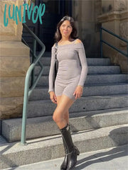 Lunivop Knit Off-Shoulder Short Jumpsuit For Women Casual Summer Long Sleeve Shorts Playsuit