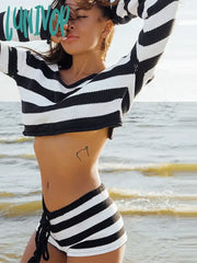 Lunivop Knit Stripe Crop Top Shorts Sets Women Sexy Long Sleeve Lace Up Female Suits Spring Summer