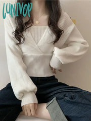 Lunivop Knitted Crop Sweaters Women Pullovers Vintage Casual Design Knit Tops Autumn Solid Korean