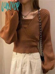Lunivop Knitted Crop Sweaters Women Pullovers Vintage Casual Design Knit Tops Autumn Solid Korean