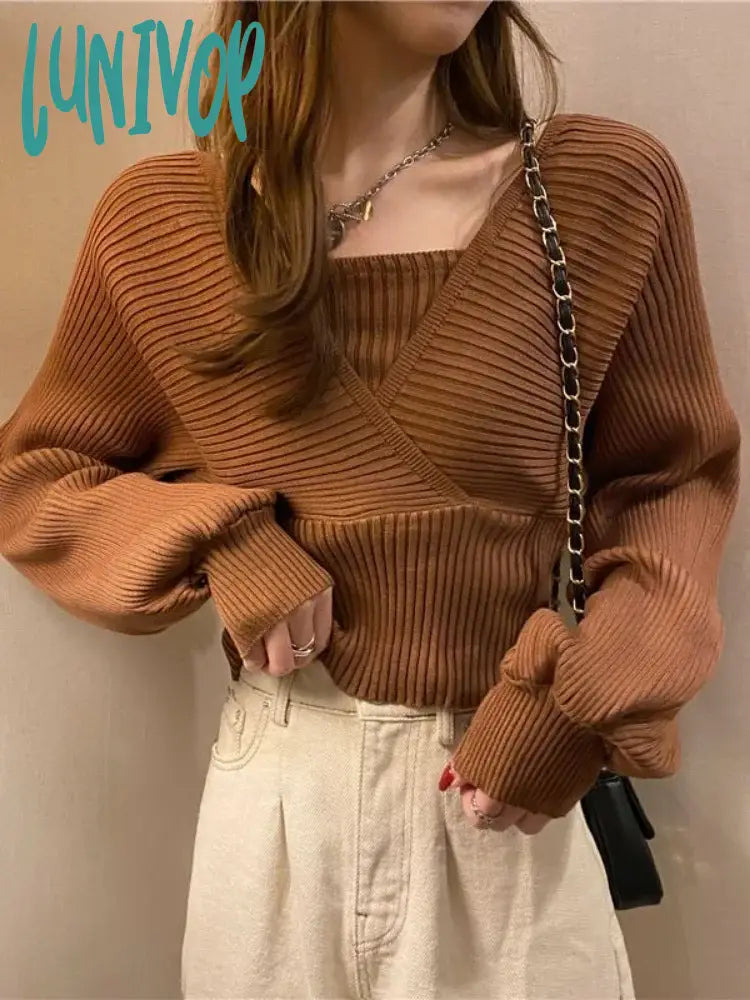 Lunivop Knitted Crop Sweaters Women Pullovers Vintage Casual Design Knit Tops Autumn Solid Korean