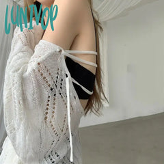 Lunivop Knitted Hollow Out Sweater Women Harajuku Loose Backless Lace Up Y2K Jumpers Female Korean