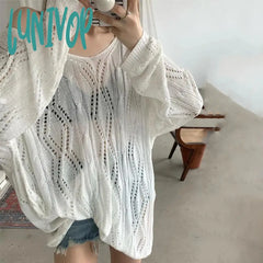 Lunivop Knitted Hollow Out Sweater Women Harajuku Loose Backless Lace Up Y2K Jumpers Female Korean
