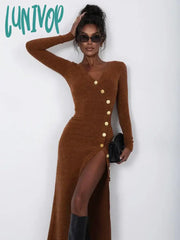 Lunivop Knitted Maxi Dress For Women Sexy Slit Slim Long Sleeve Buttons Dresses Knitwear Party