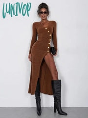 Lunivop Knitted Maxi Dress For Women Sexy Slit Slim Long Sleeve Buttons Dresses Knitwear Party