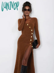 Lunivop Knitted Maxi Dress For Women Sexy Slit Slim Long Sleeve Buttons Dresses Knitwear Party