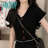 Lunivop Knitted Short Sleeve T-Shirts Women Casual Button Patchwork Design Vintage Slim Crop Tops