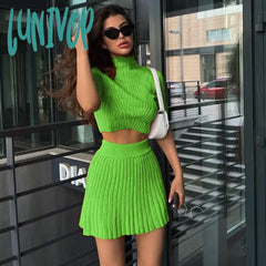 Lunivop Knitted Slim Sweater Skirt Set Women Fashion Two Piece Sexy Short Sleeved Cropped Tops