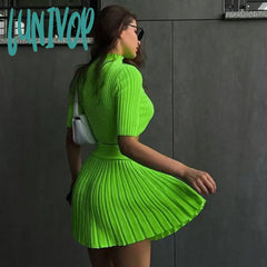 Lunivop Knitted Slim Sweater Skirt Set Women Fashion Two Piece Sexy Short Sleeved Cropped Tops