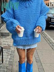 Lunivop Knitted Turtleneck Crochet Oversized Women Pullover Long Sleeve Loose Drop Shoulder Classic