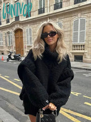 Lunivop Knitted Turtleneck Crochet Oversized Women Pullover Long Sleeve Loose Drop Shoulder Classic