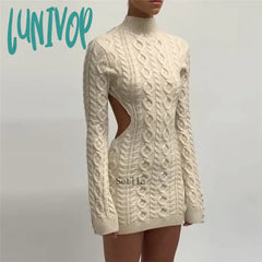 Lunivop Knitted Turtleneck Long Sleeve Backless Bodycon Mini Sweater Dress Women Autumn Winter Sexy