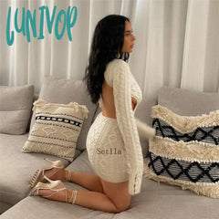 Lunivop Knitted Turtleneck Long Sleeve Backless Bodycon Mini Sweater Dress Women Autumn Winter Sexy