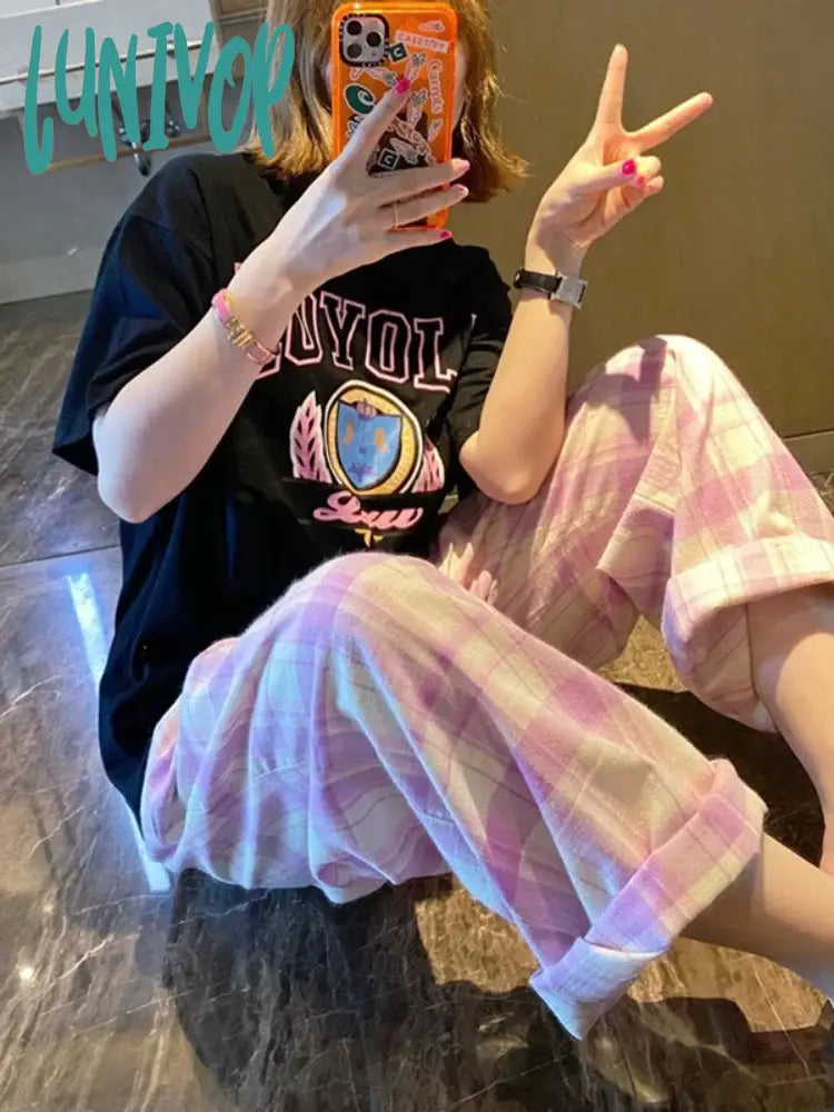 Lunivop Korea Full Print Small Grid Light Pink Purple Elastic Waist Straight Casual Pants Women