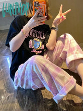 Lunivop Korea Full Print Small Grid Light Pink Purple Elastic Waist Straight Casual Pants Women