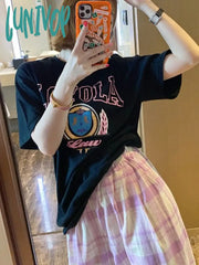 Lunivop Korea Full Print Small Grid Light Pink Purple Elastic Waist Straight Casual Pants Women