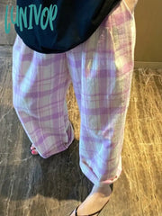 Lunivop Korea Full Print Small Grid Light Pink Purple Elastic Waist Straight Casual Pants Women