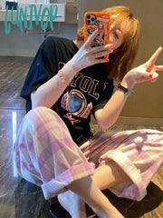 Lunivop Korea Full Print Small Grid Light Pink Purple Elastic Waist Straight Casual Pants Women