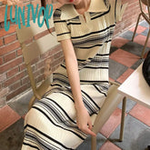Lunivop Korean Casual Striped Knitted Dress Women Summer New Turn-Down Collar Design Short Sleeve