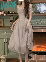 Lunivop Korean Chic Ruffle Fairy Midi Dress Women 2024 New Summer Elegant Solid Princess Birthday