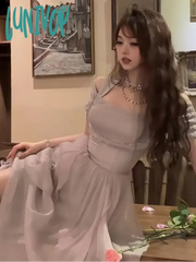 Lunivop Korean Chic Ruffle Fairy Midi Dress Women 2024 New Summer Elegant Solid Princess Birthday