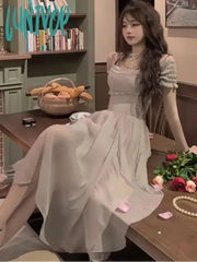 Lunivop Korean Chic Ruffle Fairy Midi Dress Women 2024 New Summer Elegant Solid Princess Birthday