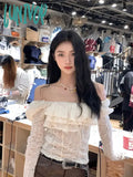 Lunivop Korean Chic Streetwear Slash Neck Tshirts Long Sleeve Y2k Aesthetic Fashion Women T-shirt Off Shoulder Fairy Lace Crop Top Femme