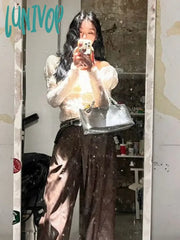 Lunivop Korean Chic Streetwear Slash Neck Tshirts Long Sleeve Y2K Aesthetic Fashion Women T-Shirt