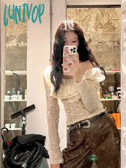 Lunivop Korean Chic Streetwear Slash Neck Tshirts Long Sleeve Y2K Aesthetic Fashion Women T-Shirt