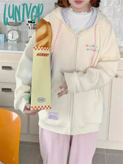 Lunivop Korean Cute Zip Up Hoodie Women Y2K Girly Kawaii Hooded Jacket Oversize Japanese Harajuku