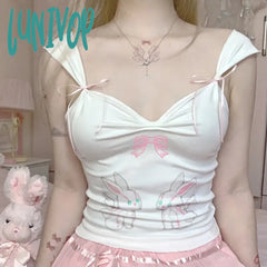 Lunivop Korean Cutecore Rabbit Bow Printed Summer Tank Top Short Folds Vest Slim Sleeveless Crop