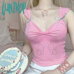 Lunivop Korean Cutecore Rabbit Bow Printed Summer Tank Top Short Folds Vest Slim Sleeveless Crop